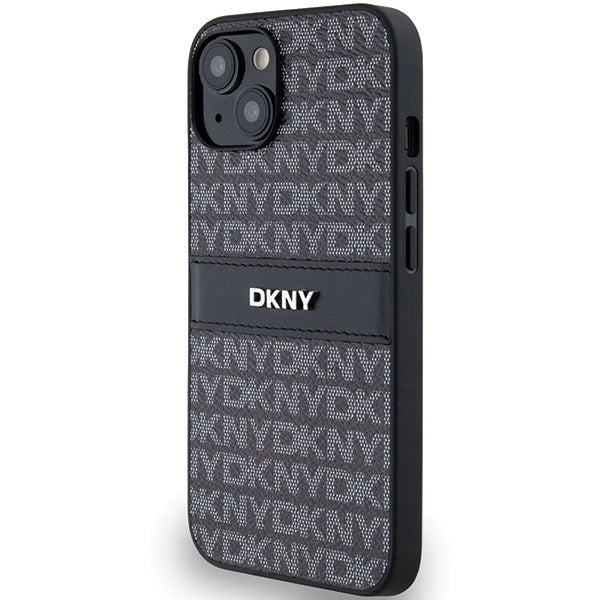 DKNY Leather Mono Stripe & Metal Logo Case for iPhone 15/14/13 - Black
