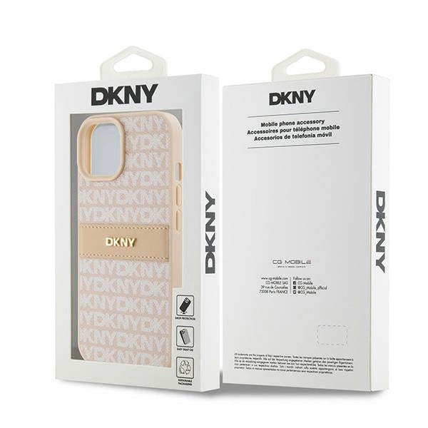 DKNY Leather Mono Stripe & Metal Logo case for iPhone 15 / 14 / 13 - pink