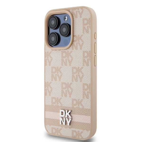 DKNY Leather Checkered Mono Pattern & Printed Stripes case for iPhone 15 Pro Max - pink
