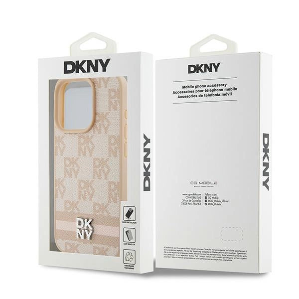 DKNY Leather Checkered Mono Pattern & Printed Stripes case for iPhone 15 Pro Max - pink