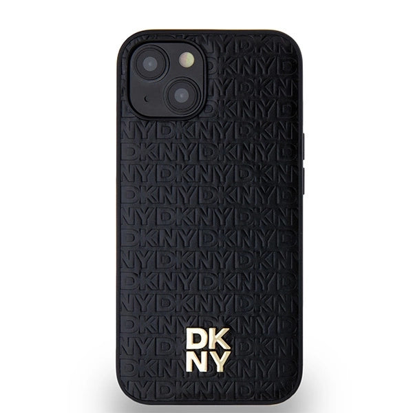 DKNY Leather Monogram Pattern Metal Logo MagSafe Case for iPhone 15/14/13 - Black