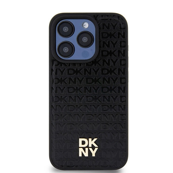 DKNY Leather Monogram Pattern Metal Logo MagSafe Case for iPhone 15 Pro - Black