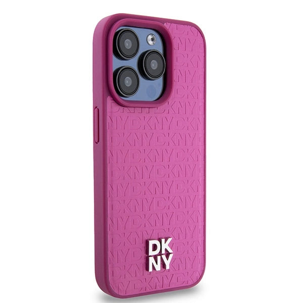 DKNY Leather Monogram Pattern Metal Logo MagSafe Case for iPhone 15 Pro - Pink