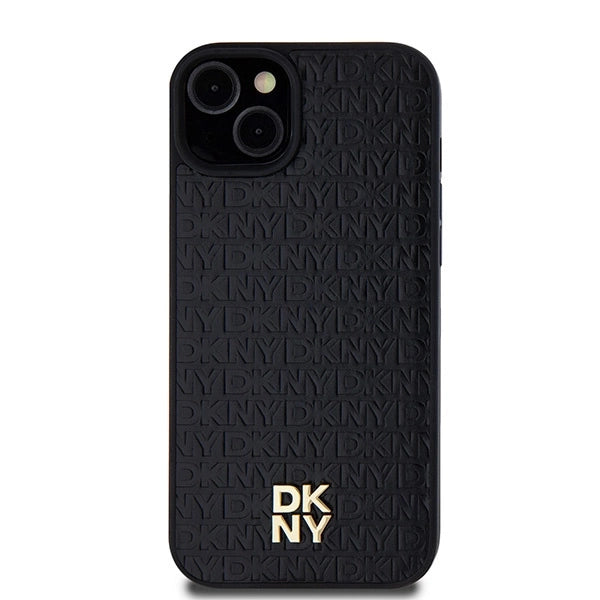 DKNY Leather Monogram Pattern Metal Logo MagSafe Case for iPhone 15 Plus / 14 Plus - Black
