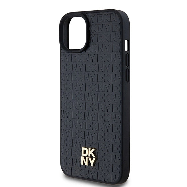 DKNY Leather Monogram Pattern Metal Logo MagSafe Case for iPhone 15 Plus / 14 Plus - Black