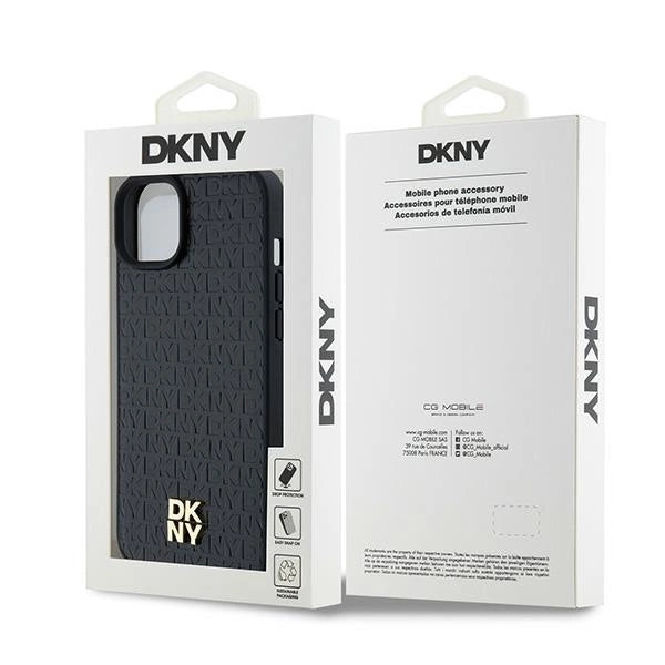 DKNY Leather Monogram Pattern Metal Logo MagSafe Case for iPhone 15 Plus / 14 Plus - Black
