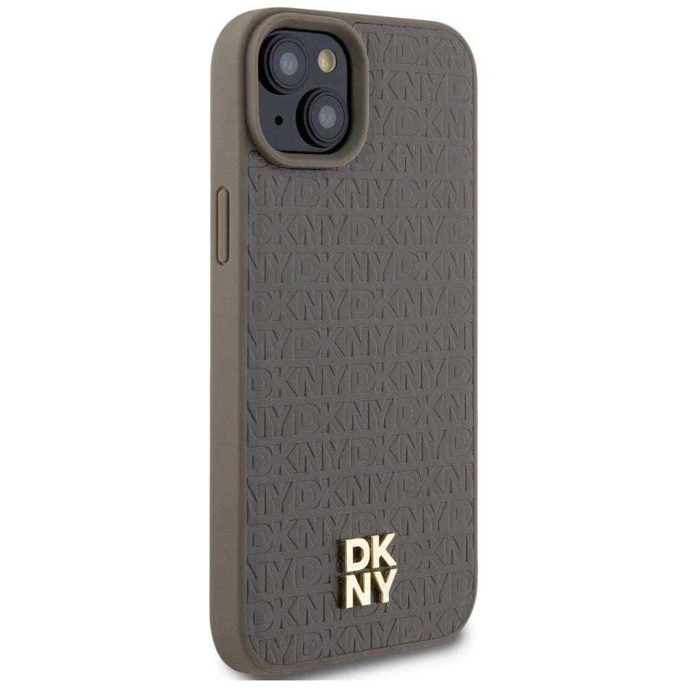 DKNY Leather Pattern Metal Logo MagSafe Case for iPhone 15 Plus / 14 Plus - Brown
