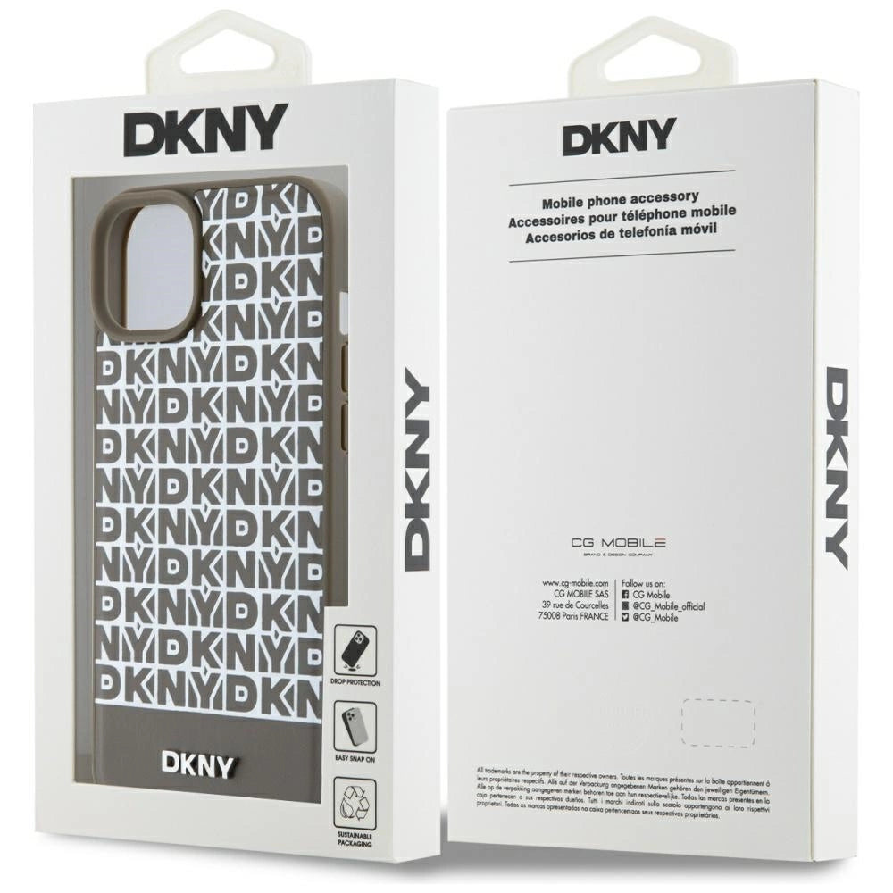 DKNY Leather Printed Pattern Metal Logo MagSafe Case for iPhone 15 / 14 / 13 - Brown