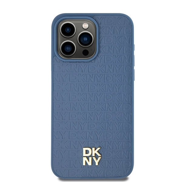 DKNY Leather Monogram Pattern Metal Logo MagSafe Case for iPhone 15 Pro Max - Blue