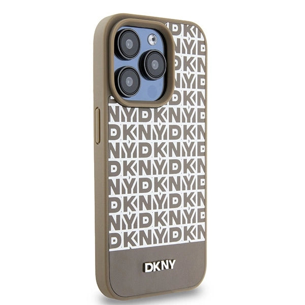 DKNY Leather Printed Pattern Metal Logo MagSafe Case for iPhone 15 Pro Max - Brown