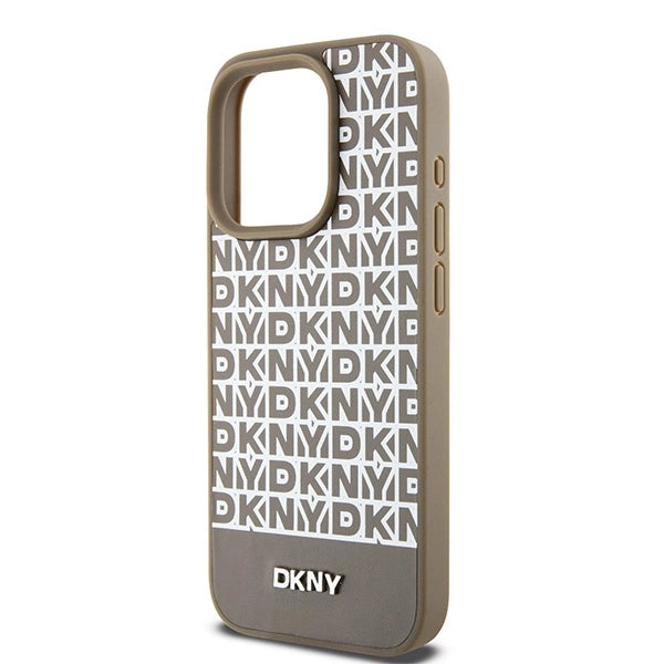 DKNY Leather Printed Pattern Metal Logo MagSafe Case for iPhone 15 Pro Max - Brown