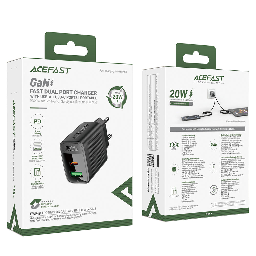 Acefast A78 Charger Network GaN USB-A / USB-C PD 20W - sort