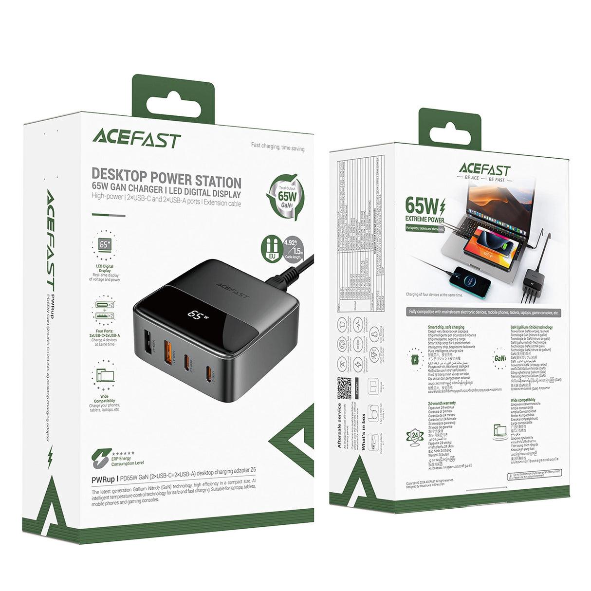 Acefast Z6 Charger Network GaN Desktop 2x USB-A / 2x USB-C PD 65W - sort