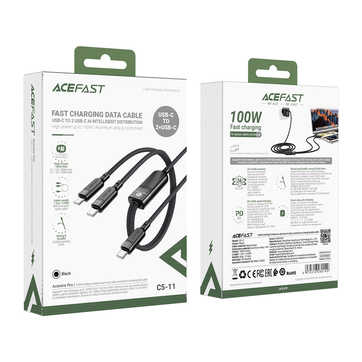 Acefast C5 USB-C - USB-C / USB-C 2in1 100W 480Mb/s kabel - sort