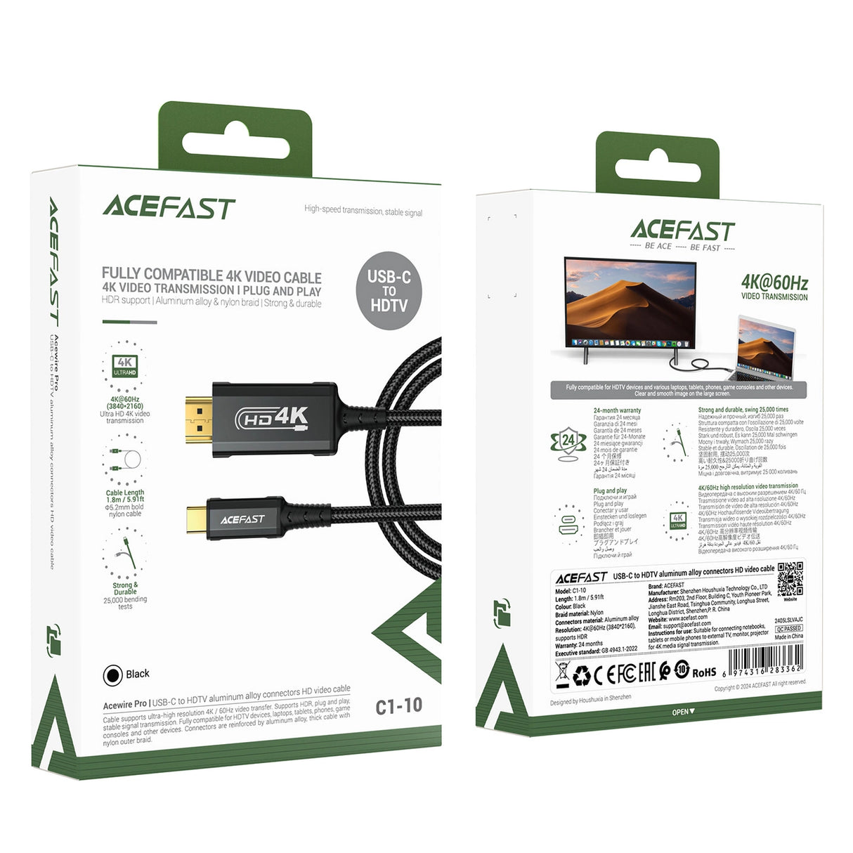 Acefast C1 USB-C/HDMI Videokabel 4K 60Hz HDR 1,8 m - sort