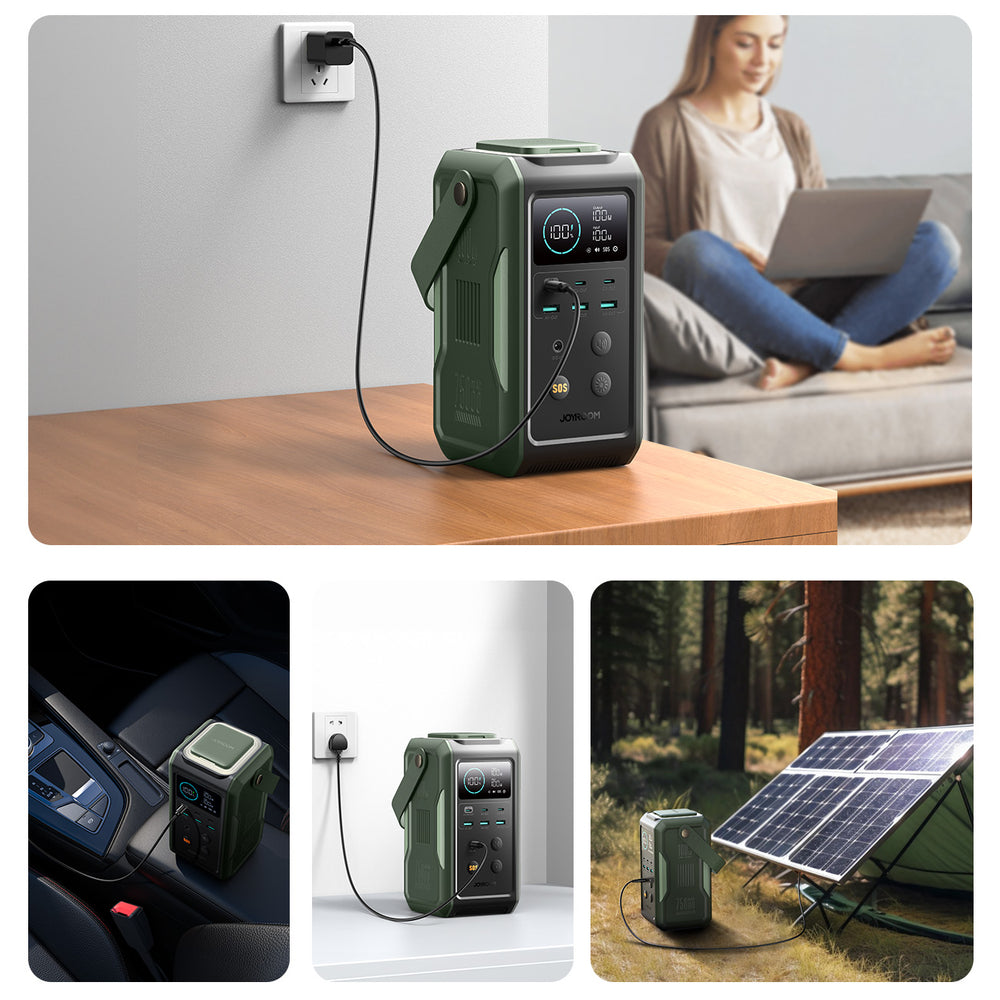 Powerbank Joyroom JR-PBF10 75000mAh 100W 3x USB-C 3x USB-A med foldelig lommelygte og håndtag - grønt
