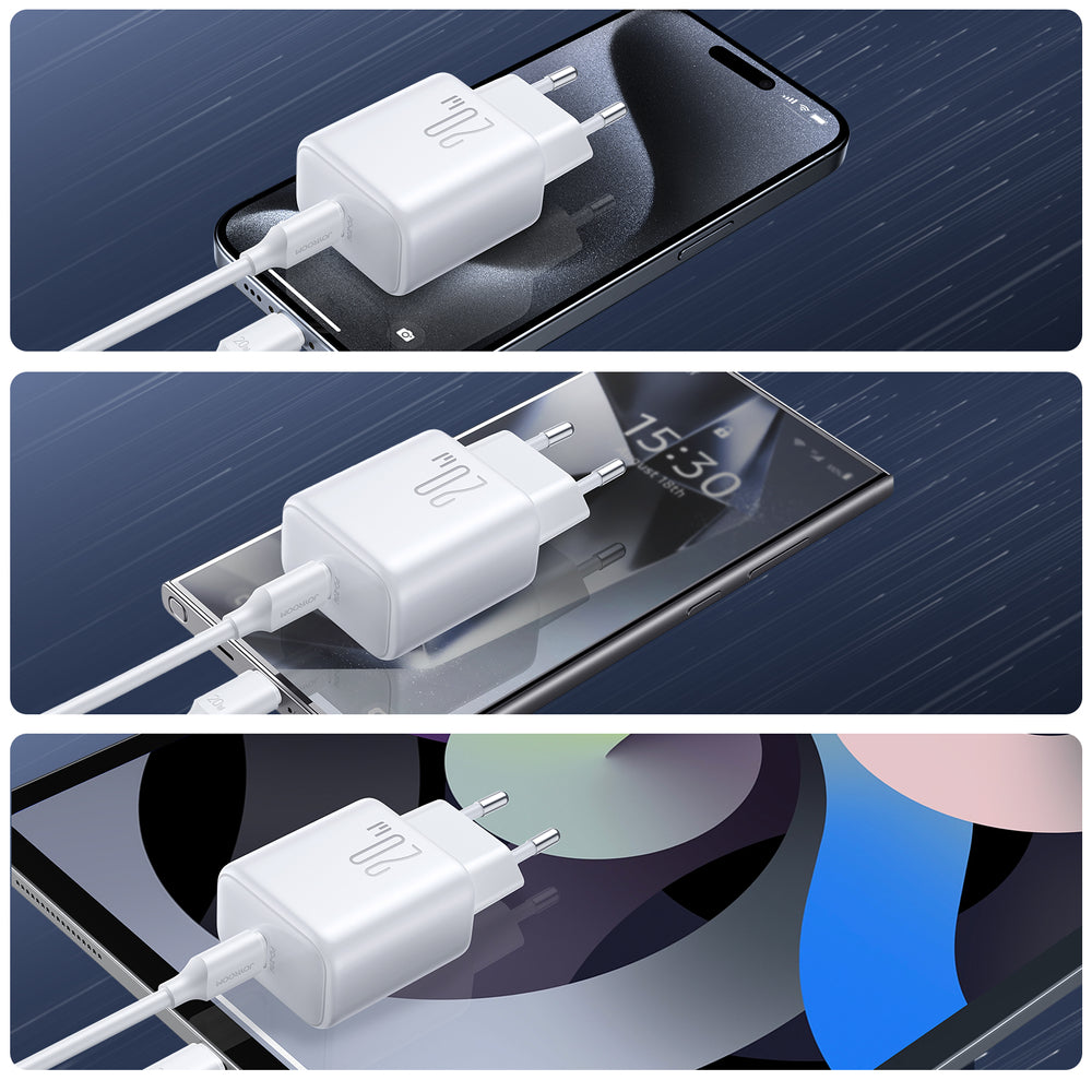 Joyroom JR-TCF20 USB-C PD 20W netværksoplader - hvid + USB-C / Lightning kabel 1m