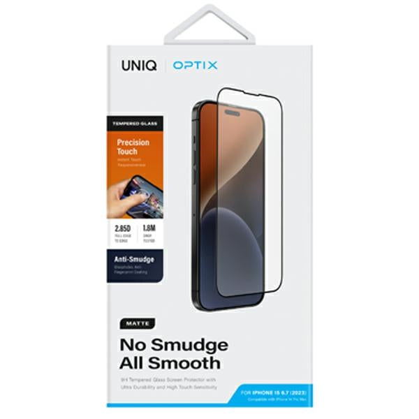 Uniq Optix Matte frostet hærdet glas til iPhone 15 Plus / 14 Pro Max med applikator