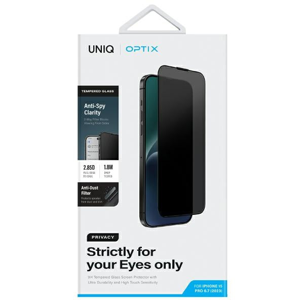 Uniq Optix Privacy hærdet glas til iPhone 15 Pro Max med applikator