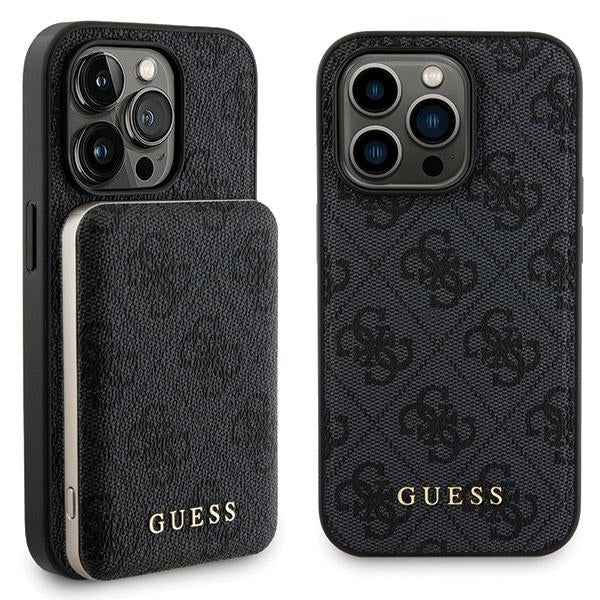 Guess 4G Metal Logo-kasset til iPhone 15 Pro + 5000mAh MagSafe powerbank - sort