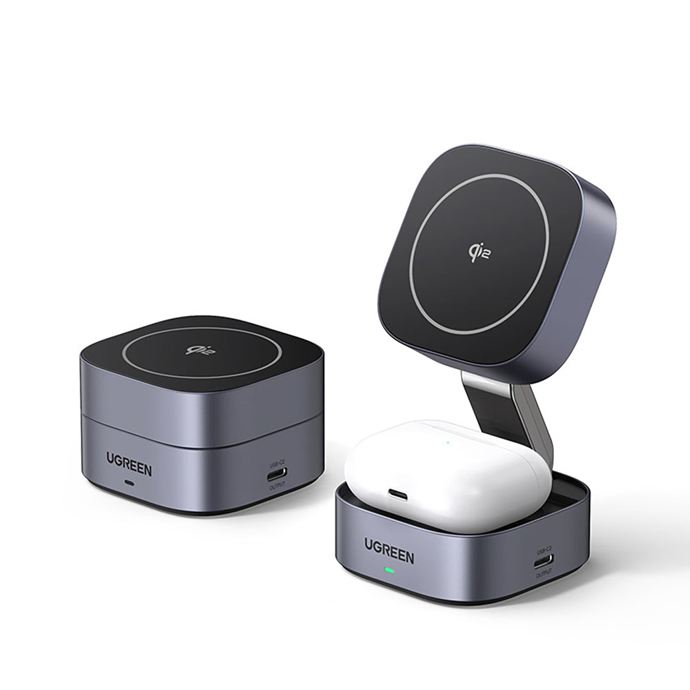 Ugreen W702 3in1 induktiv oplader med MagSafe / Qi2 og USB-C-port til telefon / hovedtelefoner - sort