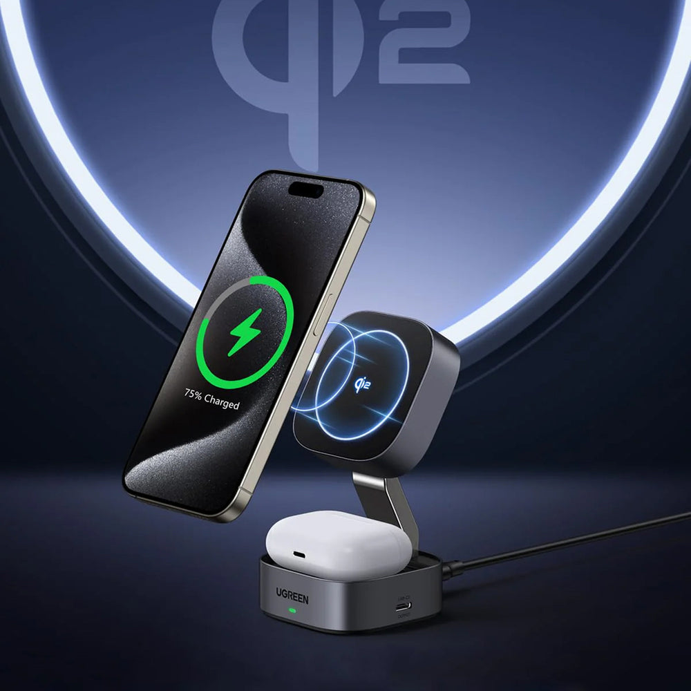 Ugreen W702 3in1 induktiv oplader med MagSafe / Qi2 og USB-C-port til telefon / hovedtelefoner - sort