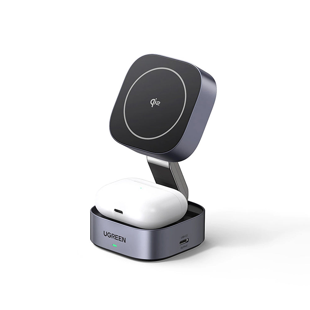 Ugreen W702 3in1 induktiv oplader med MagSafe / Qi2 og USB-C-port til telefon / hovedtelefoner - sort