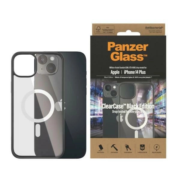 PanzerGlass ClearCase med MagSafe antibakteriel for iPhone 14 Plus / 15 Plus - gennemsigtig og sort