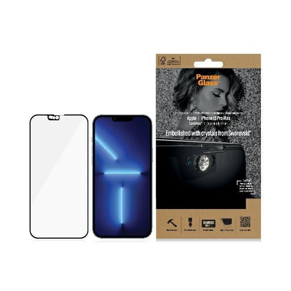 PanzerGlass E2E Microfracture antibakterielt glas med kamera cover med Swarovsky Crystal til iPhone 13 Pro Max - med sort ramme