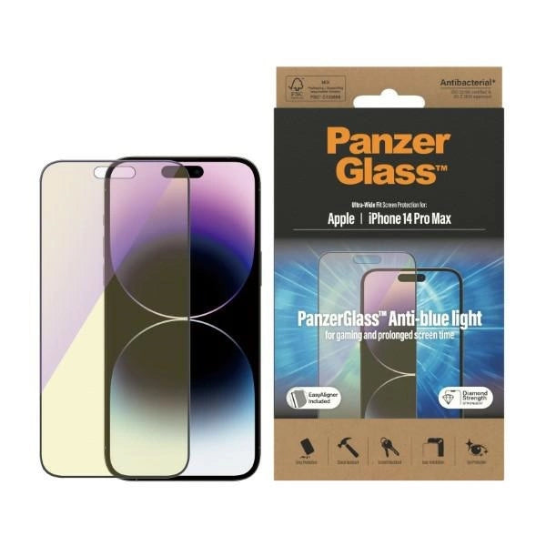 PanzerGlass Ultra-Wide Fit antibakterielt hærdet glas med blå lysfilter og positioner til iPhone 14 Pro Max