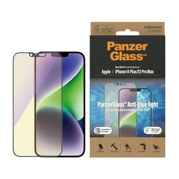 PanzerGlass Ultra-Wide Fit antibakterielt tempereret glas med blå lysfilter og positioner til iPhone 14 Plus / 13 Pro Max