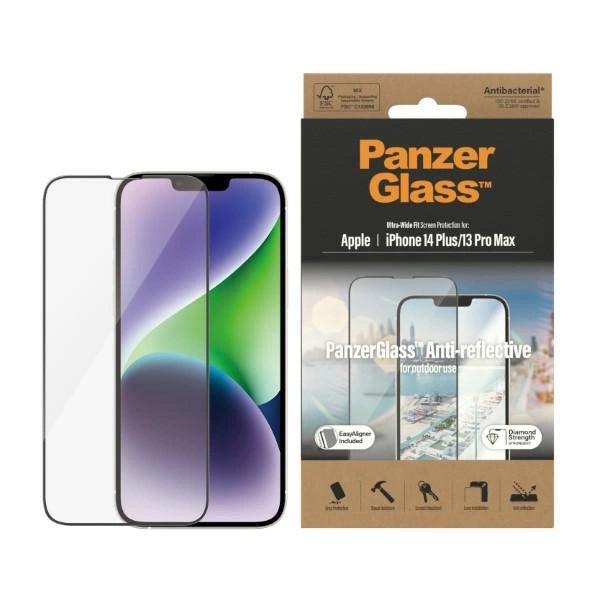 PanzerGlass Ultra-Wide Fit antibakterielt tempereret glas med Glare Filter og Positioner til iPhone 14 Plus / 13 Pro Max
