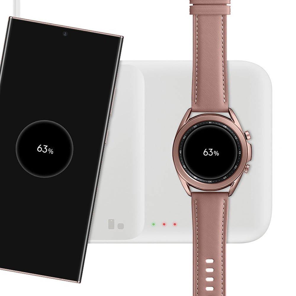 Samsung Trio EP-P6300TWEGEU 3in1 induktiv oplader til telefon / Galaxy Watch / Buds - hvid + strømoplader + kabel