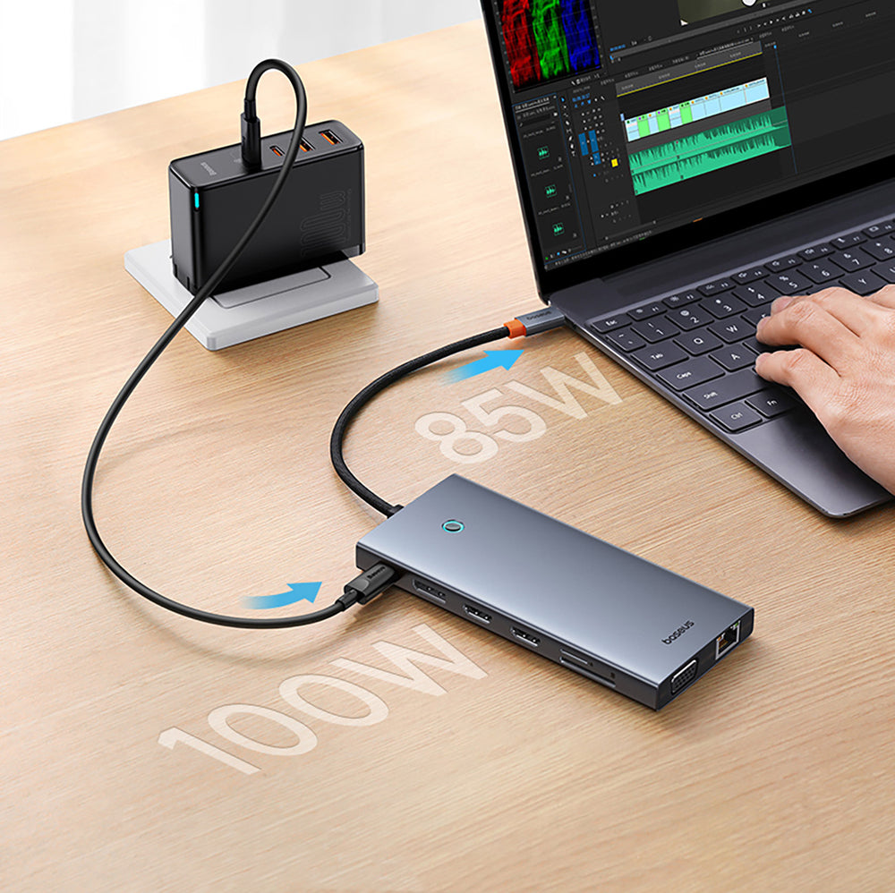 HUB Baseus PortalJoy Series 13in1 USB-C - 2x HDMI / DP / VGA / USB-A 3.1 / USB-C 3.1 / USB-A 2.0 / PD / RJ45 / SD / TF / AUX - gray