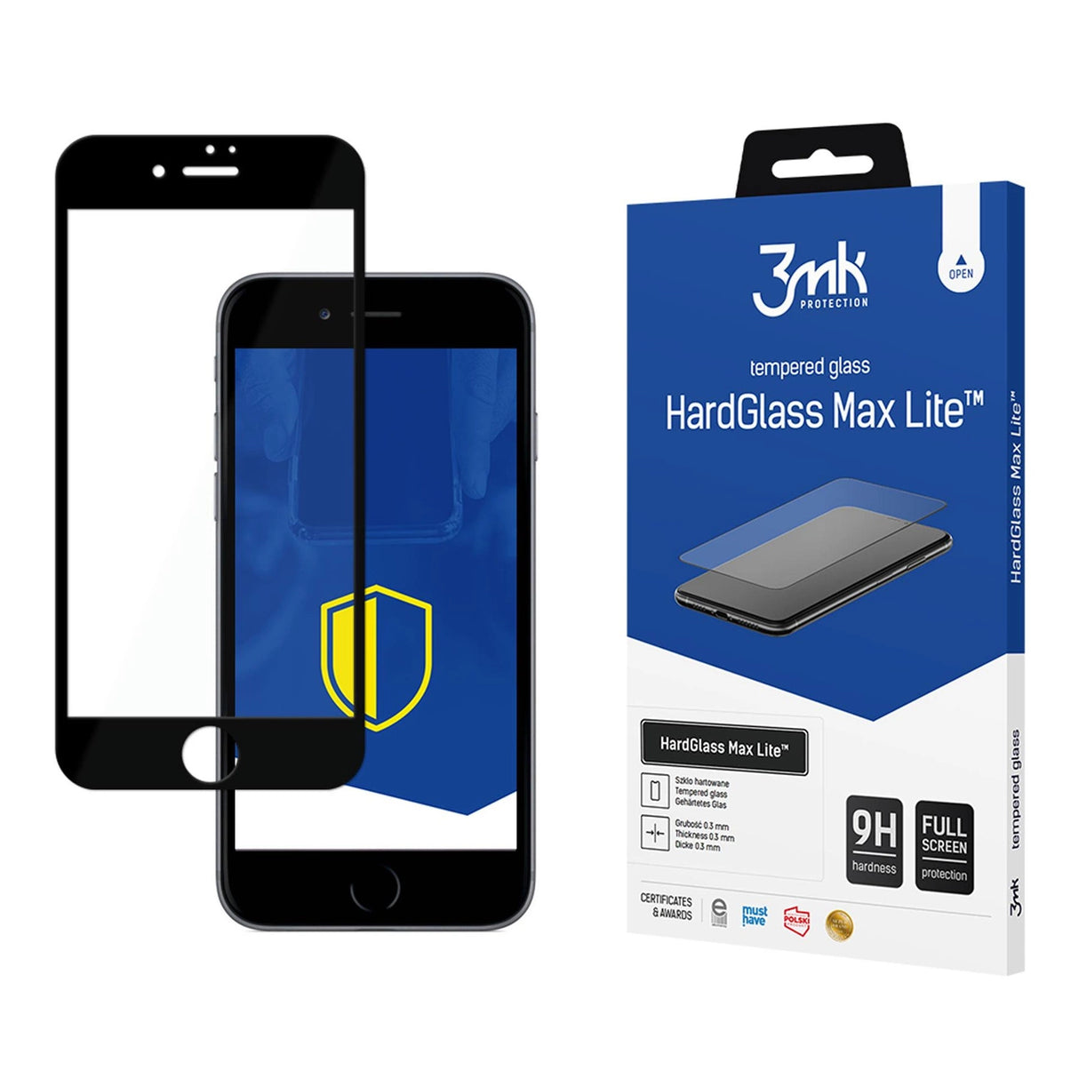 9H 3mk HardGlass Max LiteTM glas til iPhone 7 / 8 - med sort ramme
