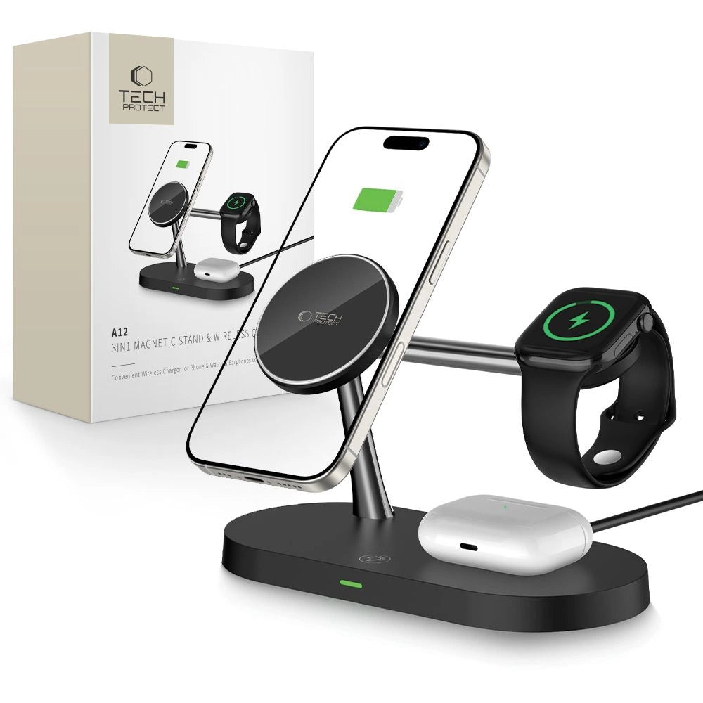 Tech-Protect A12 3in1 MagSafe induktiv oplader til smartphone/hovedtelefon/smartwatch - sort