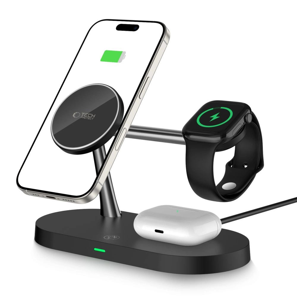 Tech-Protect A12 3in1 MagSafe induktiv oplader til smartphone/hovedtelefon/smartwatch - sort