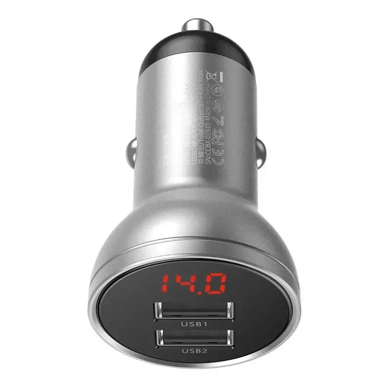 Ładowarka samochodowa Baseus z wyświetlaczem, 2x USB, 4,8A, 24W (srebrna)