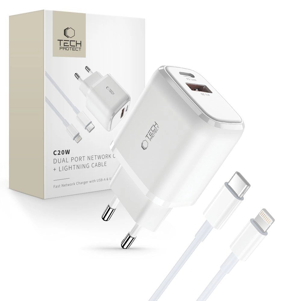 Tech-Protect C20W USB-C PD 20W / USB-A QC 3.0 oplader med USB-C / Lightning Cable - hvid