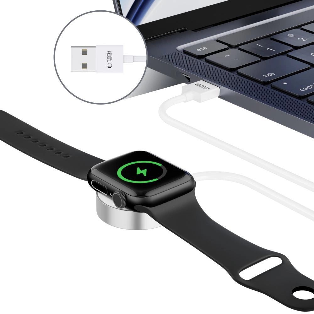 Tech-Protect UltraBoost magnetisk induktiv oplader med USB-A-stik til Apple Watch 1,2 m - hvid