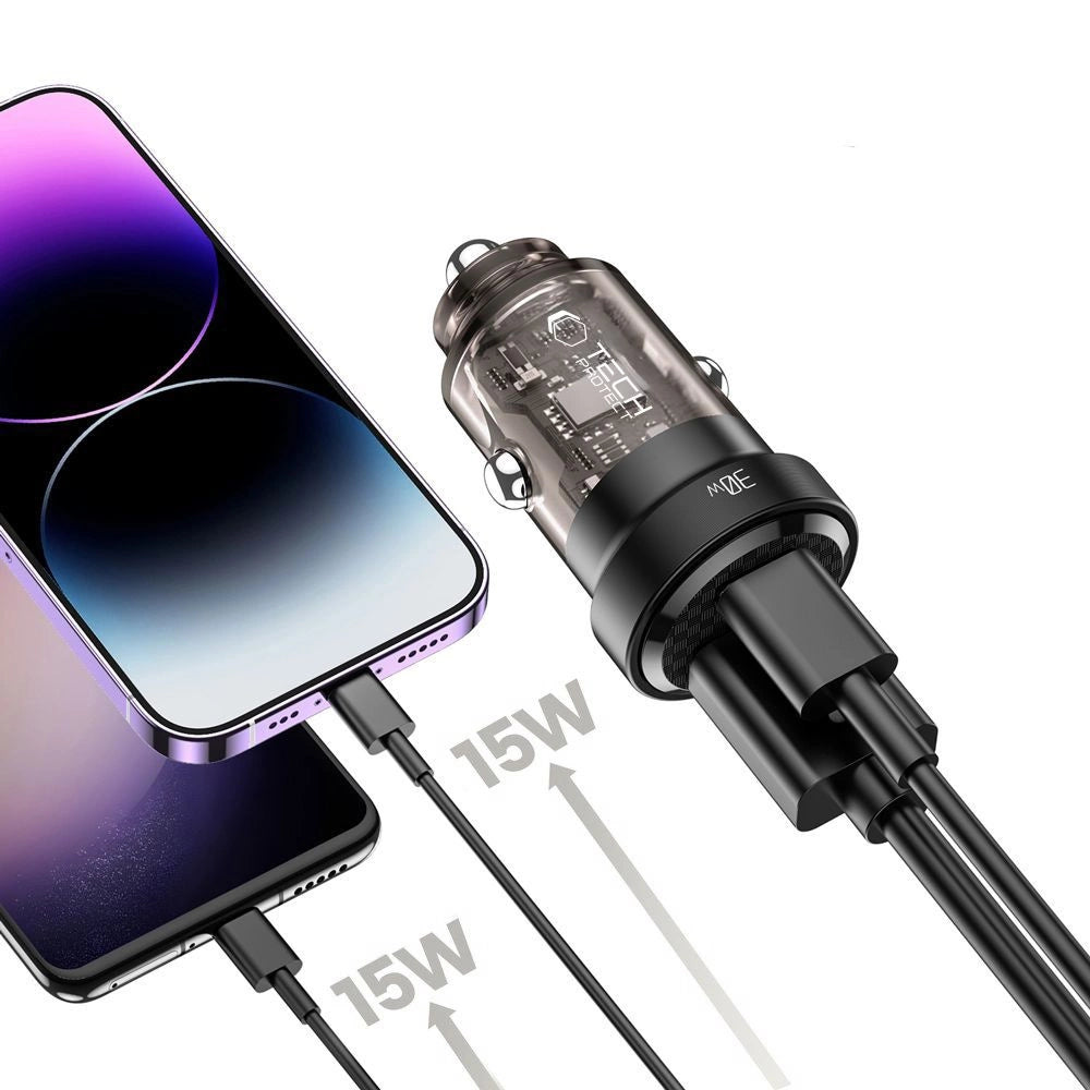 Tech-Protect CC30W Biloplader USB-C PD 30W / USB-A QC 3.0 - sort