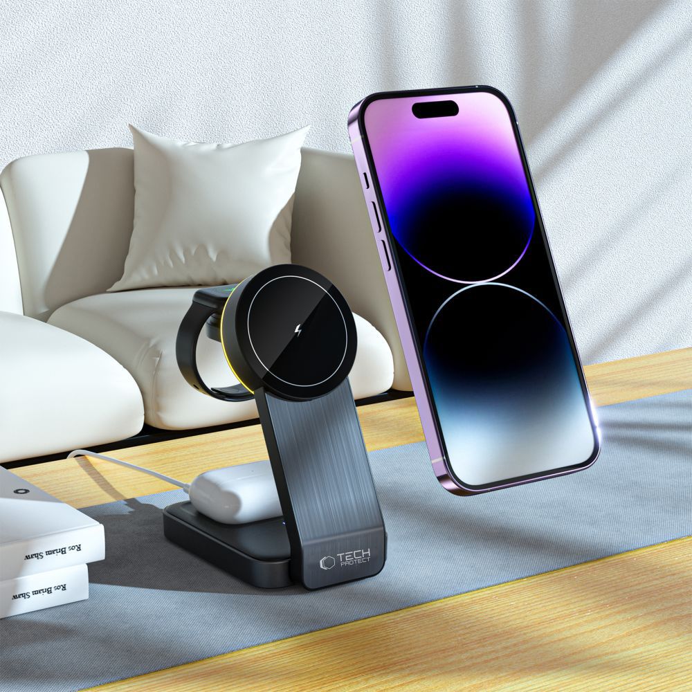 Tech-Protect QI15W-A28 MagSafe 3in1 induktiv oplader med Smartphone / Apple Watch / AirPods Stand - sort