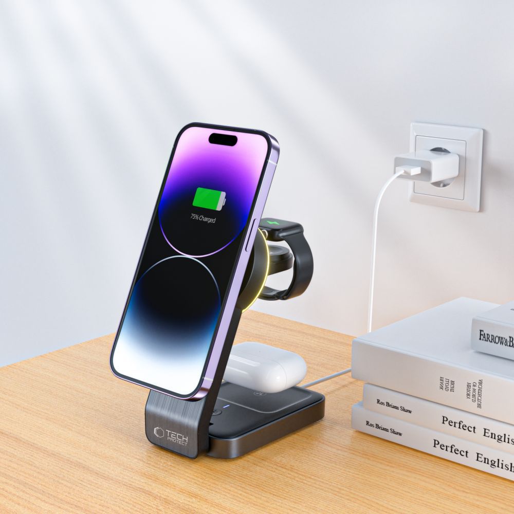 Tech-Protect QI15W-A28 MagSafe 3in1 induktiv oplader med Smartphone / Apple Watch / AirPods Stand - sort