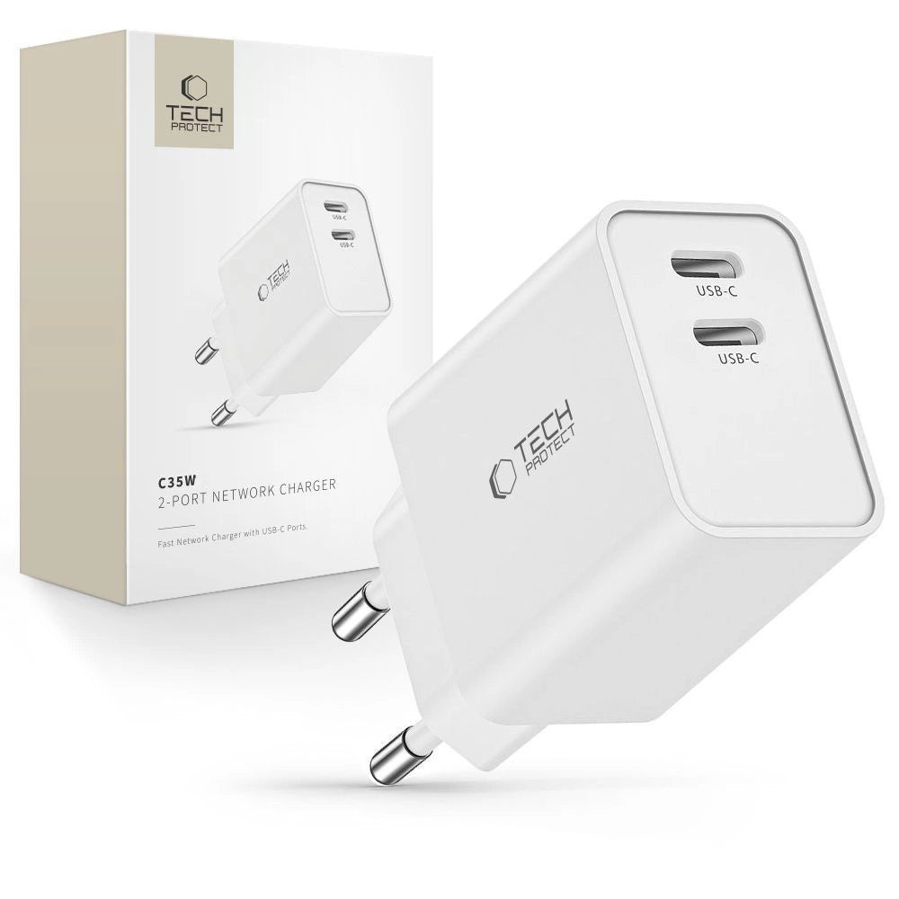 Tech-Protect C35W oplader 2x USB-C PD 35W - hvid