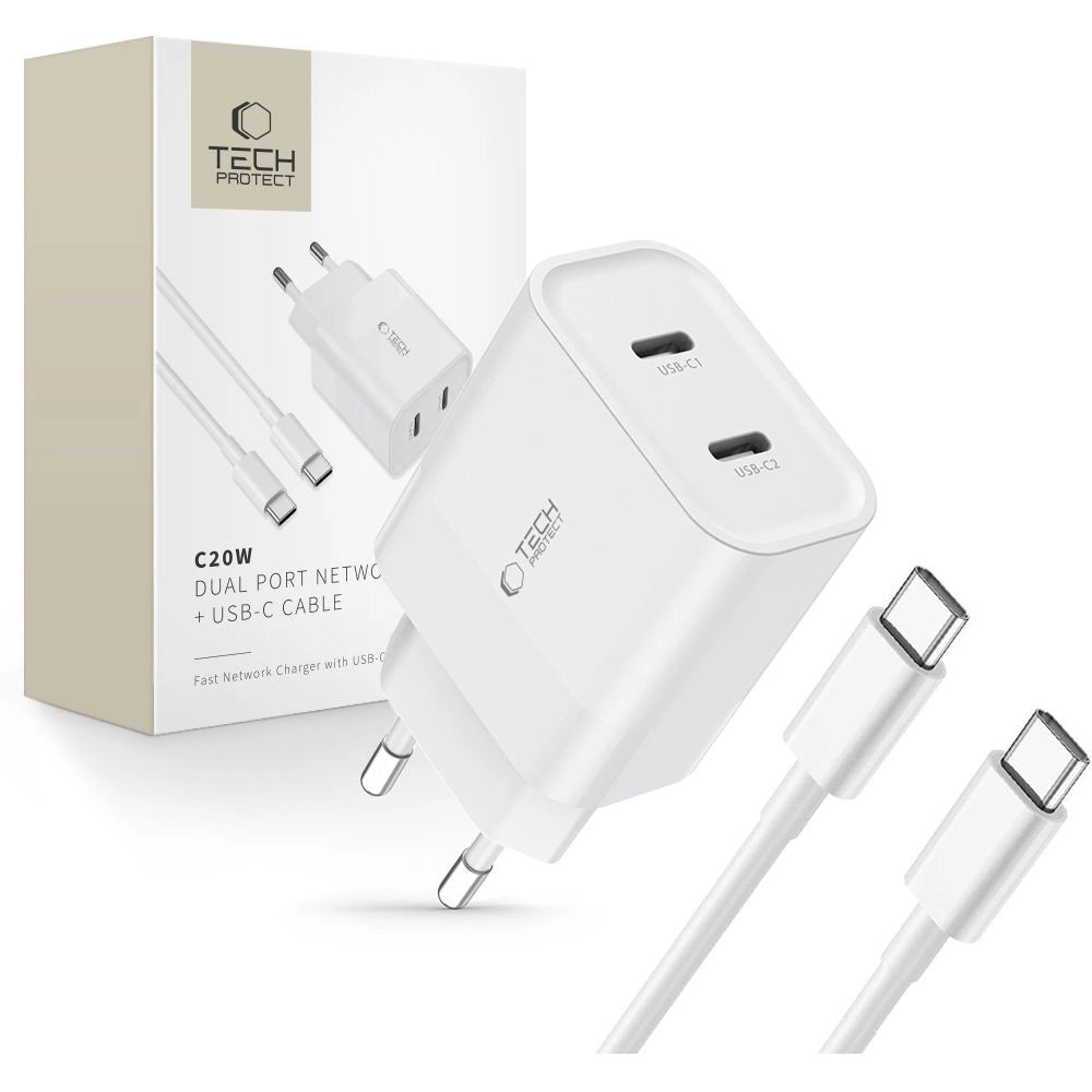 Tech-Protect C20W 2x USB-C PD 20W oplader med USB-C / USB-C kabel - hvid