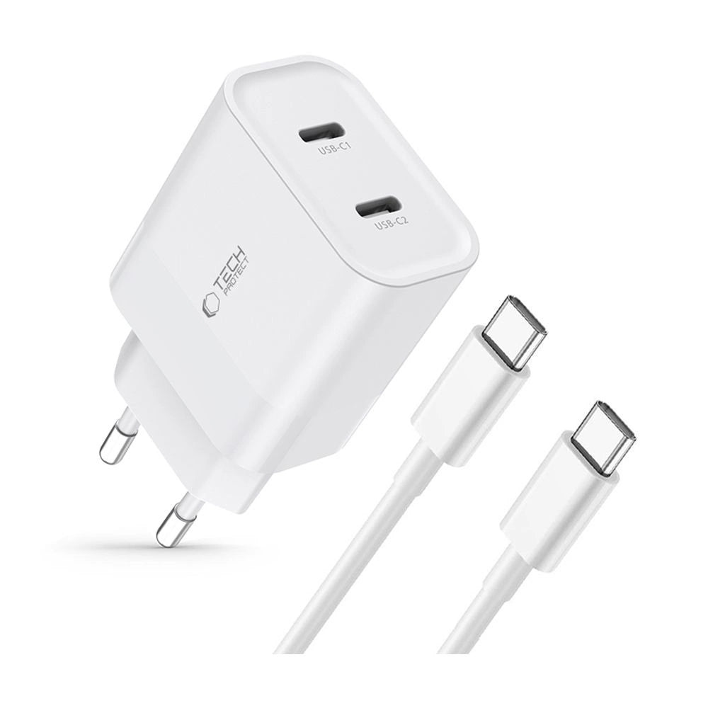 Tech-Protect C20W 2x USB-C PD 20W oplader med USB-C / USB-C kabel - hvid