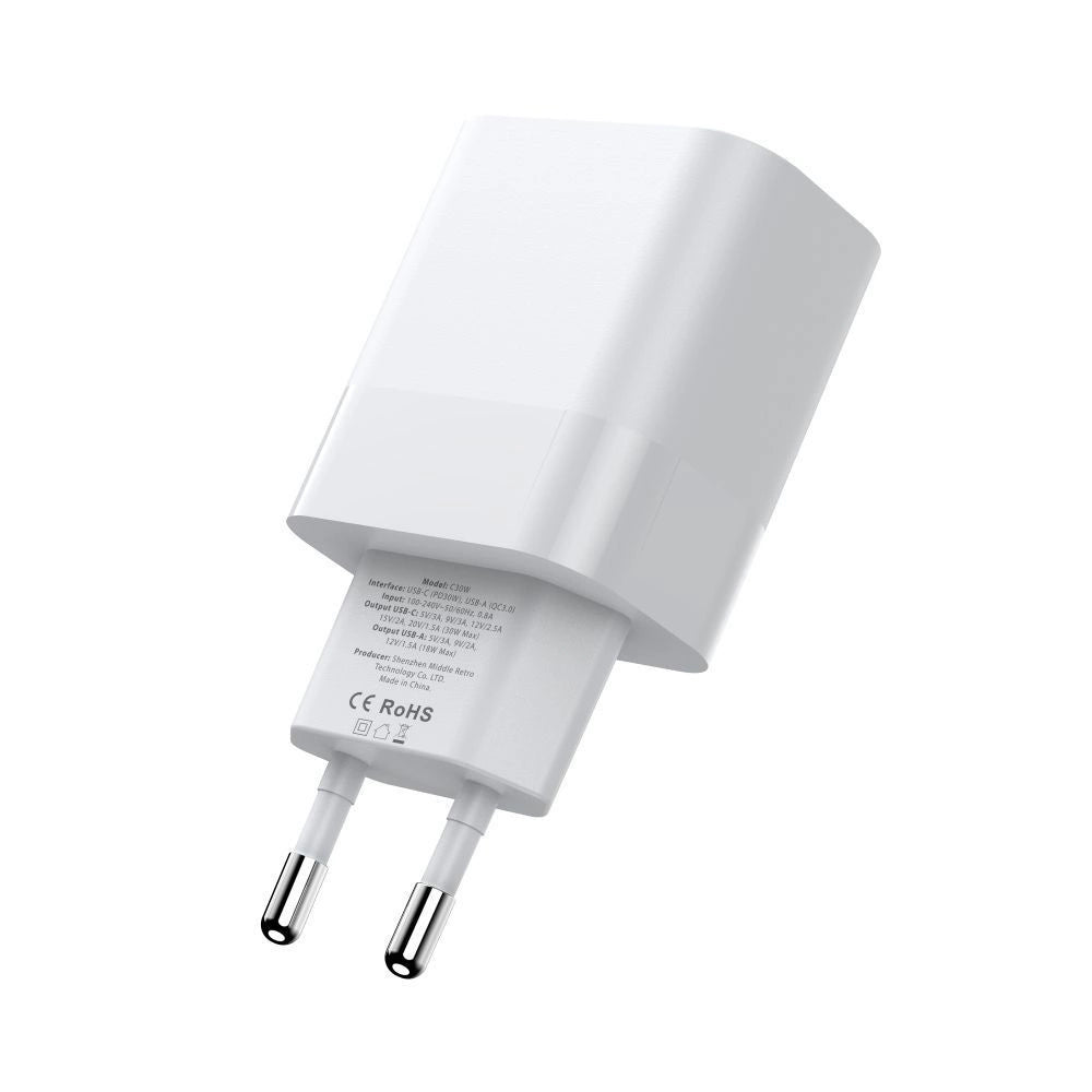 Tech-Protect C20W 2x USB-C PD 20W oplader med USB-C / USB-C kabel - hvid