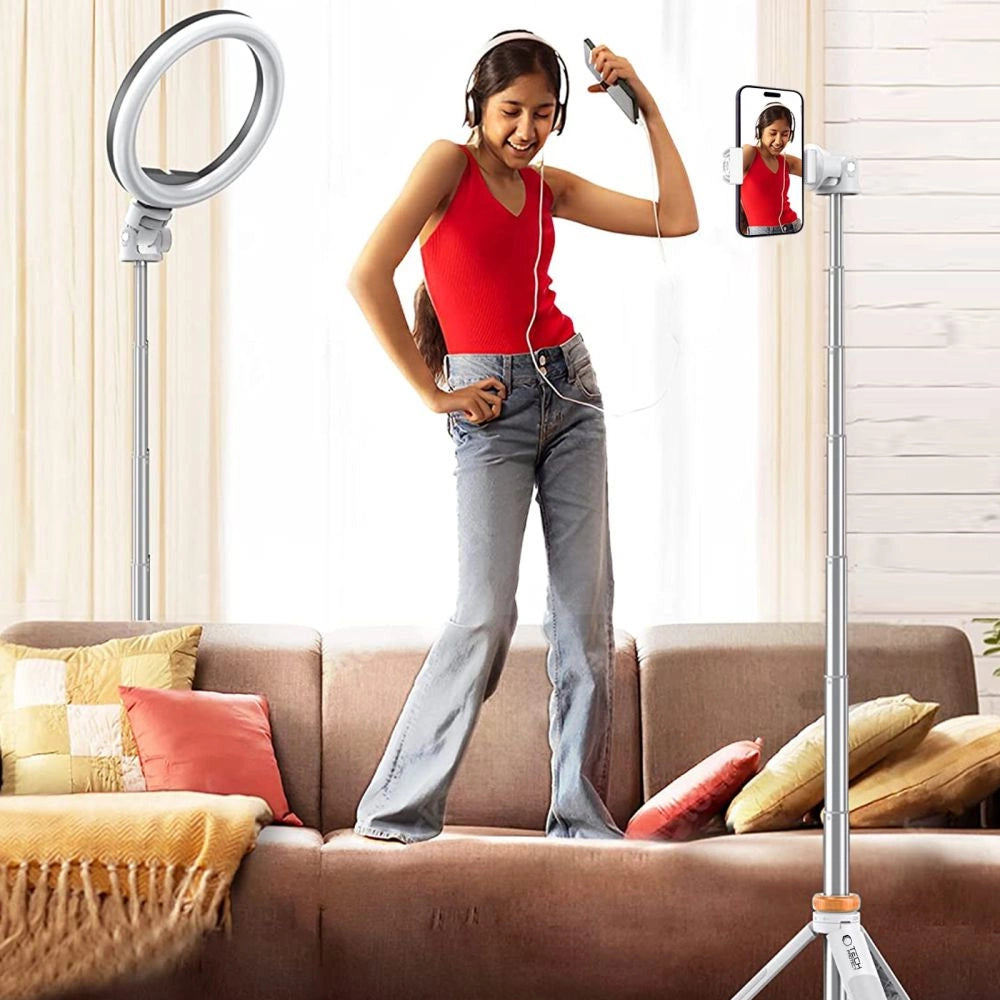 Tech-Protect L03S Bluetooth selfie stick med fjernbetjening, stativ op til 148 cm og 180 hoved - hvid