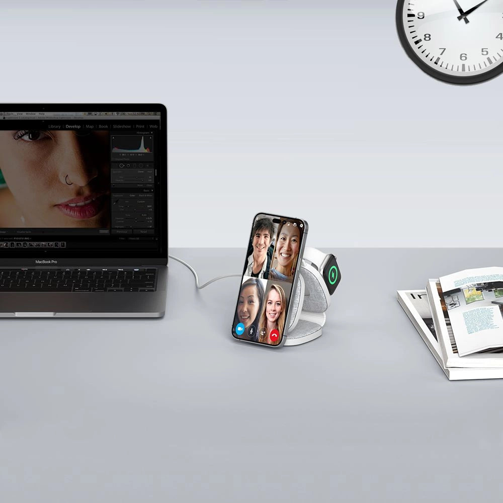 Tech-Protect QI15W-A32 3-i-1-induktiv oplader med MagSafe til smartphone / Apple Watch / AirPods - Grå