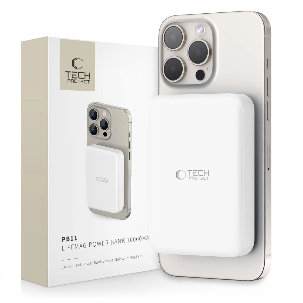 Tech-Protect LifeMag PB11 Powerbank med MagSafe 10000mAh 15W USB-C-port - hvid + USB-C-kabel